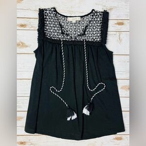 Loft Black White Embroidered Fringe Tank Top Tassels Size XS